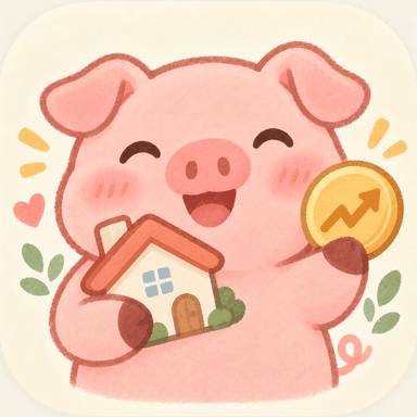 Family Assets app icon: a smiling pink pig hugging a little house and holding up a gold coin with a rising arrow
